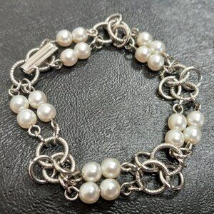 Vintage Silver-Tone & Faux Pearl Dainty Pretty Bracelet